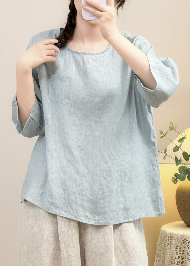 Simple Navy O Neck Linen Shirt Bracelet Sleeve