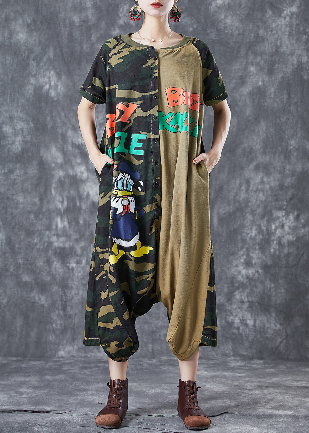 Camouflage Oversized Patchwork Appliques Cotton Jumpsuits Summer