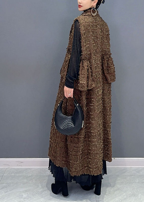 Brown Pockets Patchwork Button Waistcoat Fall