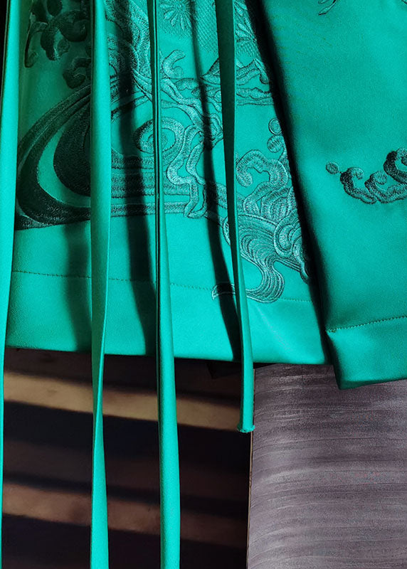 Green Stand Collar Embroideried Patchwork Silk Vest Sleeveless