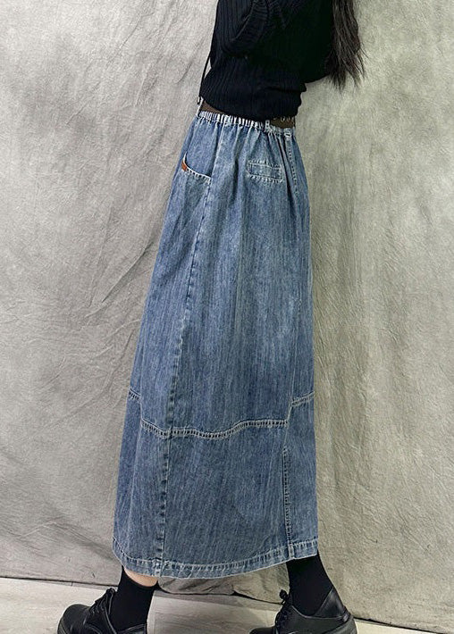 Blue Elastic Waist Patchwork Denim a Line Skirts Pockets