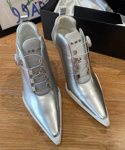 European and American Style Silver Splicing High Heel Boots Pointed Toe