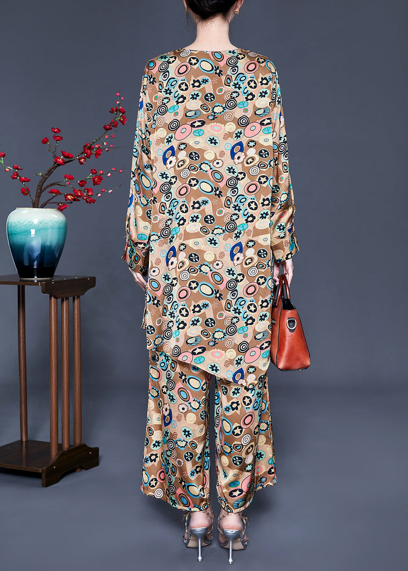 French Khaki Print Tie Waist Asymmetrical Design Silk Two-piece Set Summer