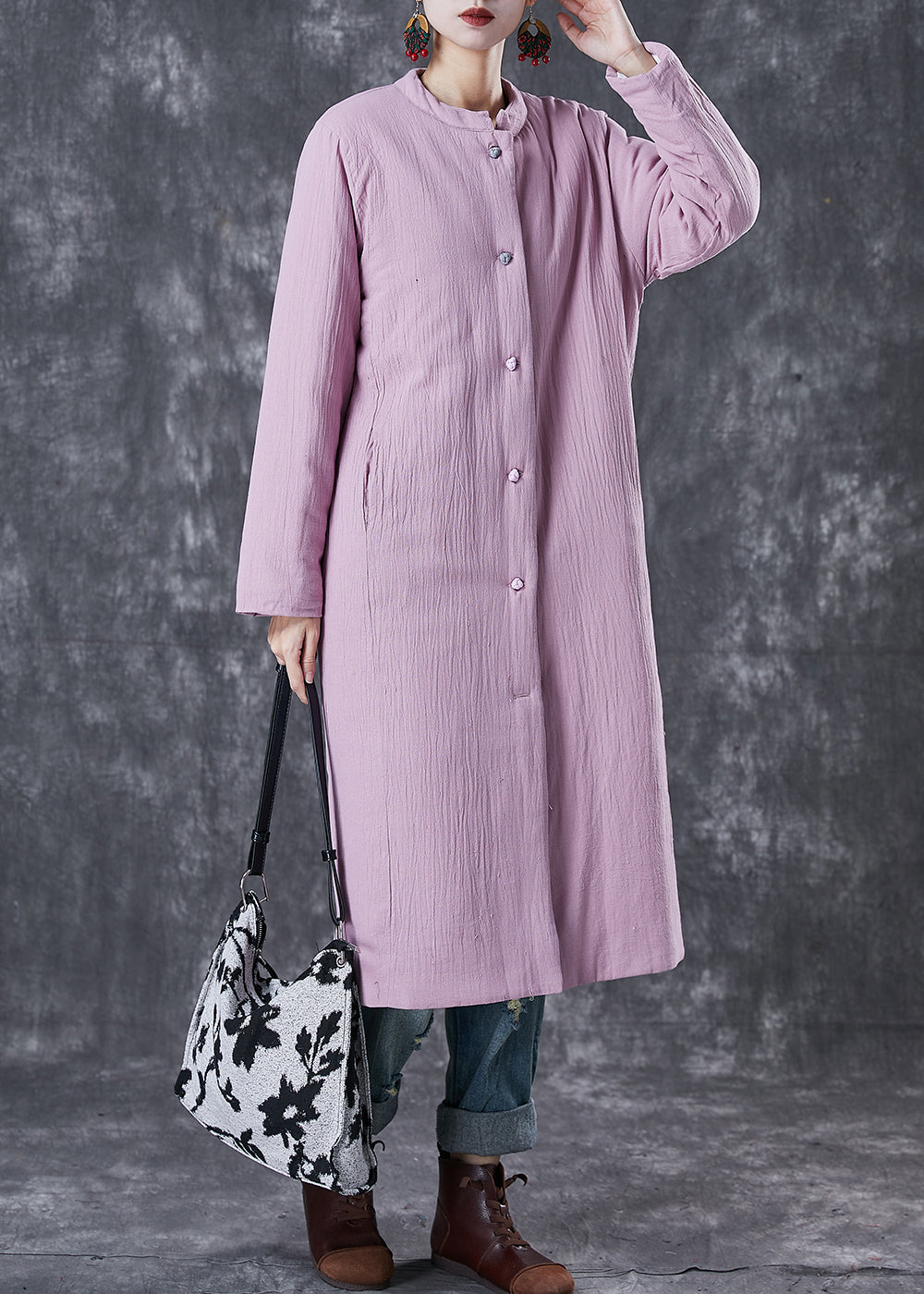 Purple Pockets Thick Fine Cotton Filled Long Coats Winter