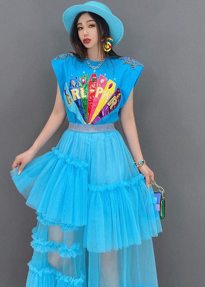 French Blue Applique Ruffled Patchwork Tank Top and Handmade Tulle Skirt Two Pieces Set Summer