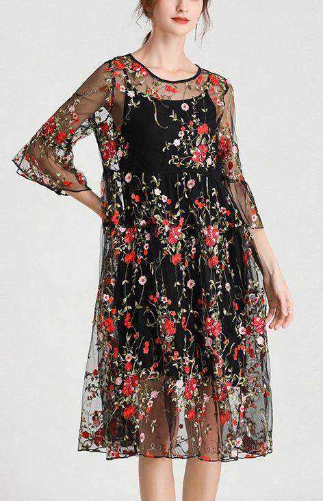 Black Embroidery Lace Dress Half Sleeve Sets 2 Pieces