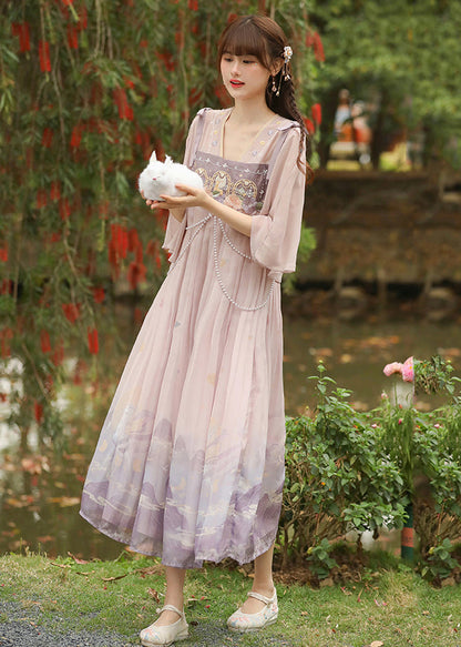 Pink Embroideried Wrinkled Patchwork Chiffon Dress Half Sleeve
