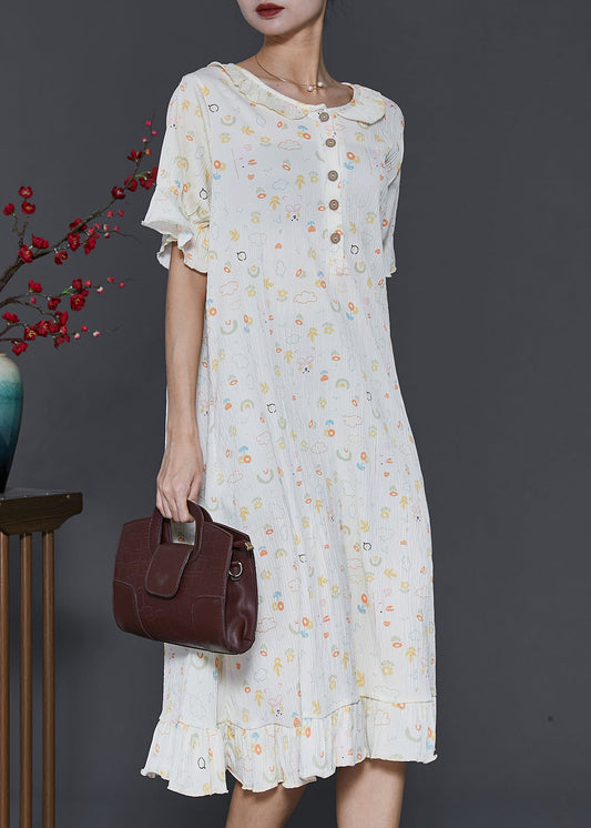 Apricot O-neck Print Cotton Robe Dresses Summer