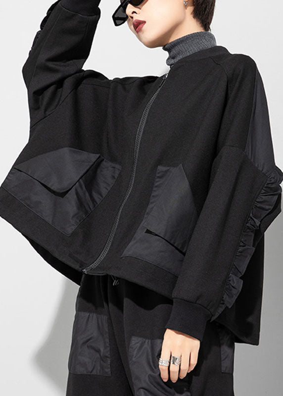 Style Black Zippered Pockets Patchwork Fall Coat Long Sleeve