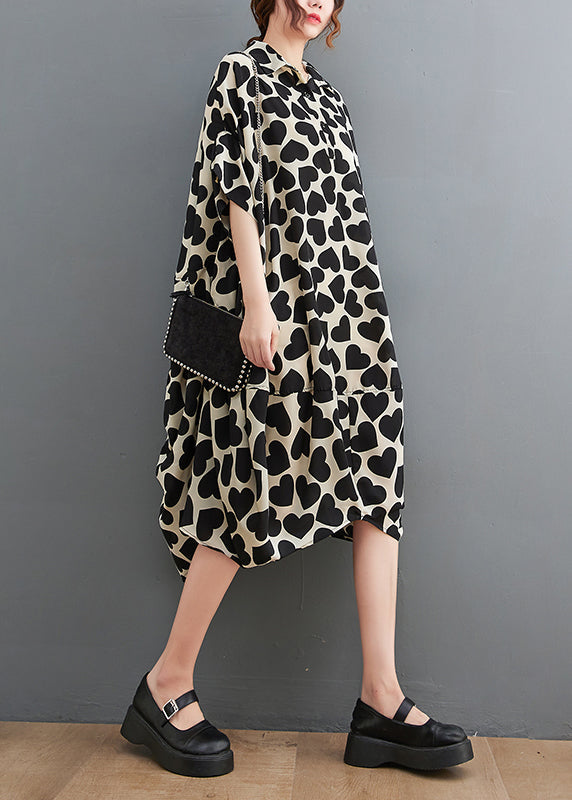 Peter Pan Collar Love Print Long Dresses Short Sleeve