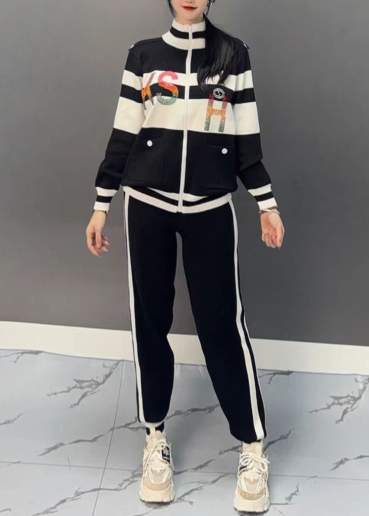 Vogue Black Turtleneck Patchwork Coats and Beam Pants Two Pieces Set Spring