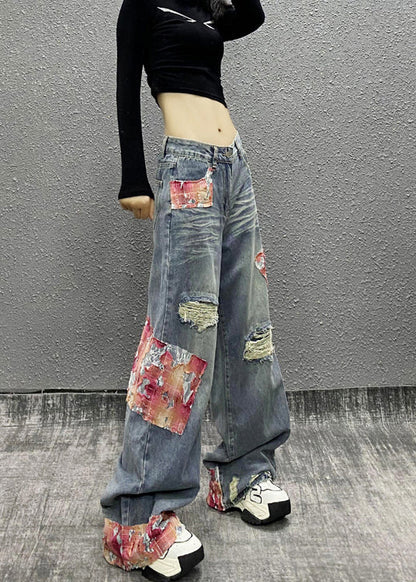 Italian Blue Pockets Patchwork Ripped Denim Wide Leg Pants Fall