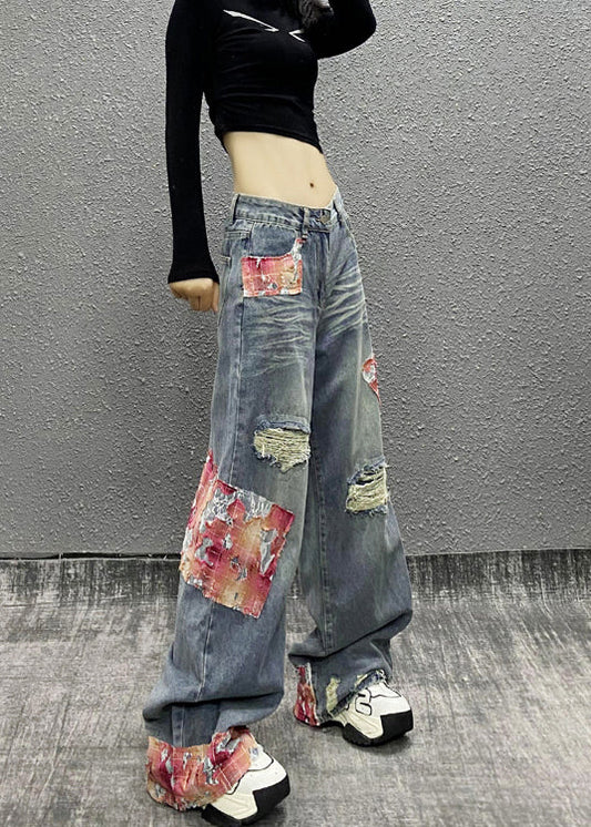 Italian Blue Pockets Patchwork Ripped Denim Wide Leg Pants Fall