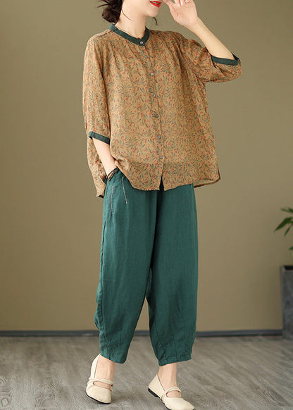 Khaki Pink Tops and Linen Crop Pants Cotton Two Pieces Set Spring