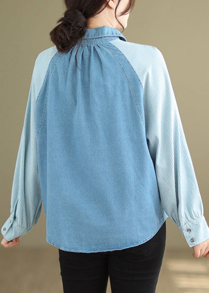 French Navy Striped Peter Pan Collar Patchwork Denim Shirts Long Sleeve