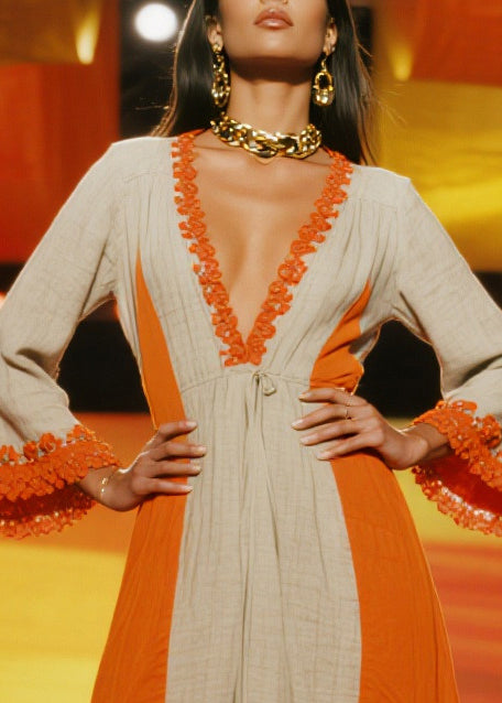 Orange Patchwork Low High Design Linen Party Dresses Summer