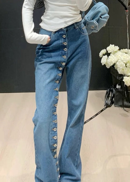 Modern Blue Asymmetrical Button High Waist Denim Straight Pants Spring
