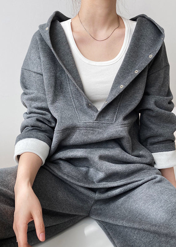 Loose Grey Hooded Tops and Pants Cotton Two Pieces Set Fall