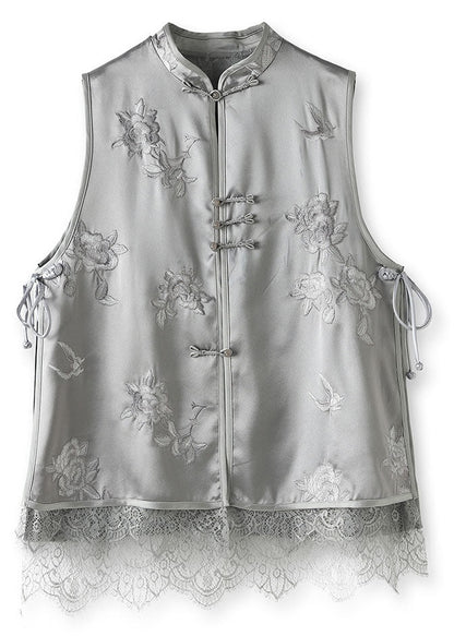 Diy Grey Embroideried Lace Patchwork Button Silk Coats Sleeveless