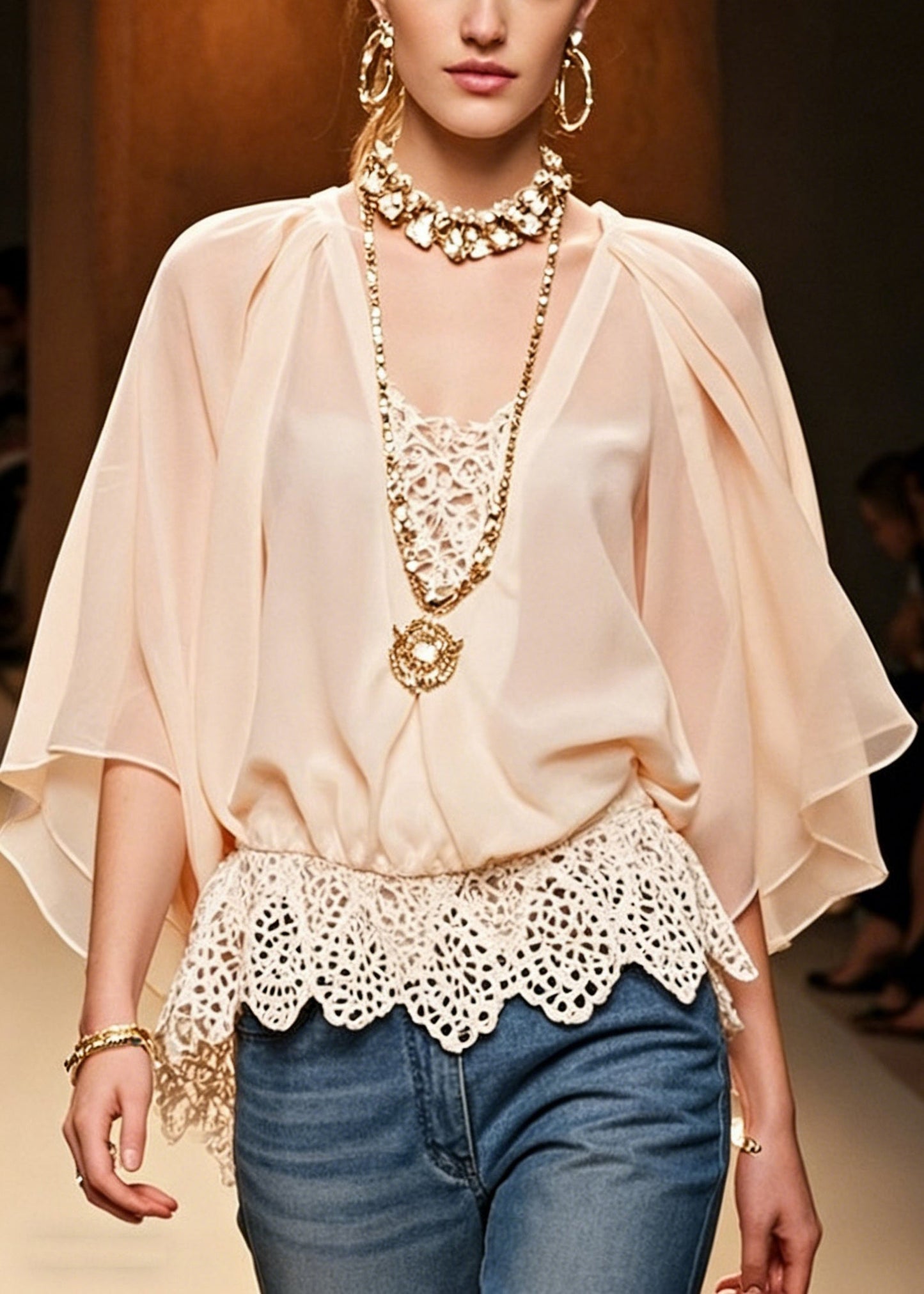 Pink Hollow Out Lace Patchwork Chiffon Shirts Batwing Sleeve
