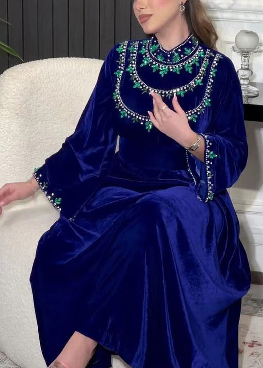 Blue Zippered Zircon Silk Velour Long Dress Long Sleeve