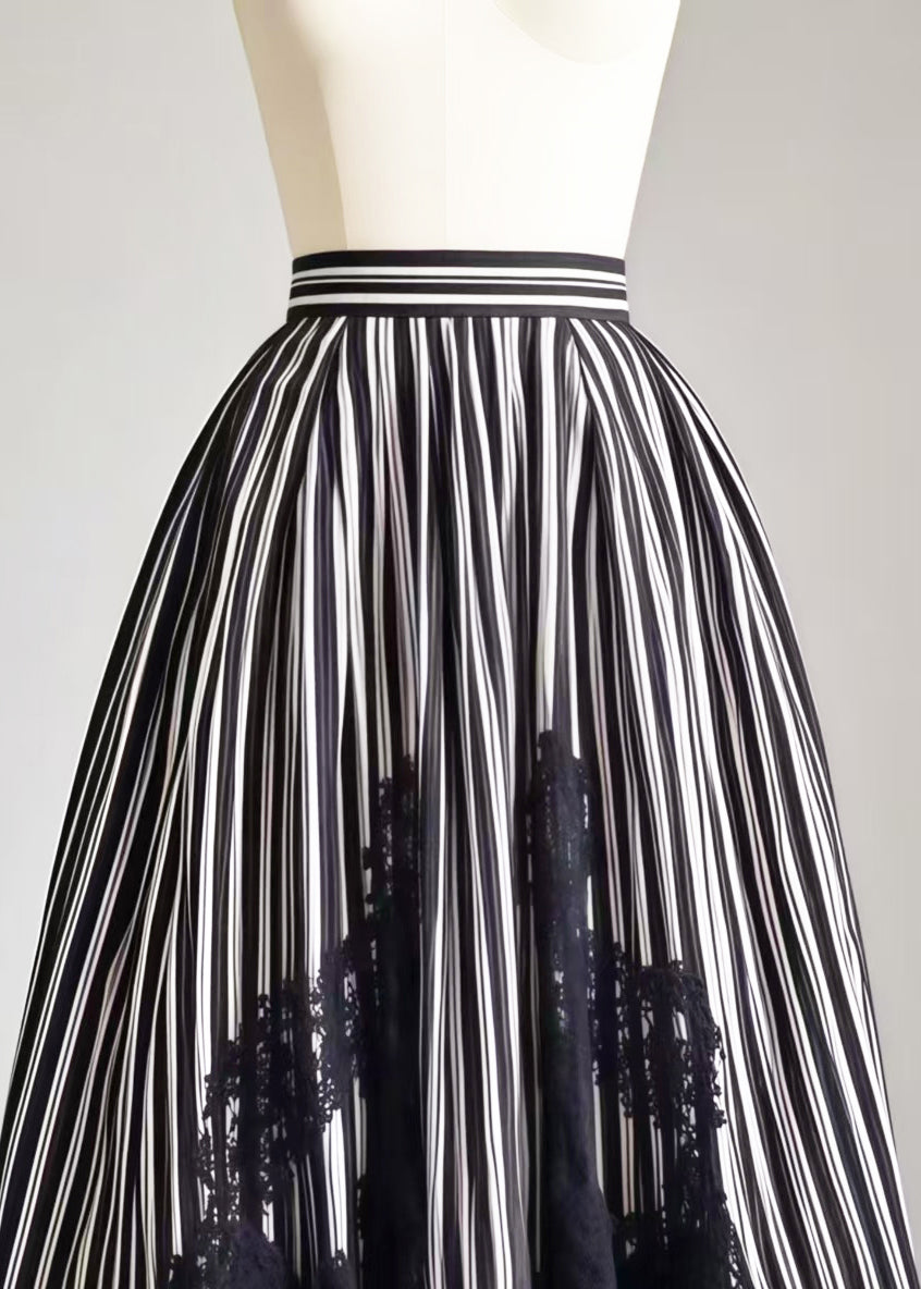 Black Striped Patchwork Lace Exra Large Hem Skirt Summer