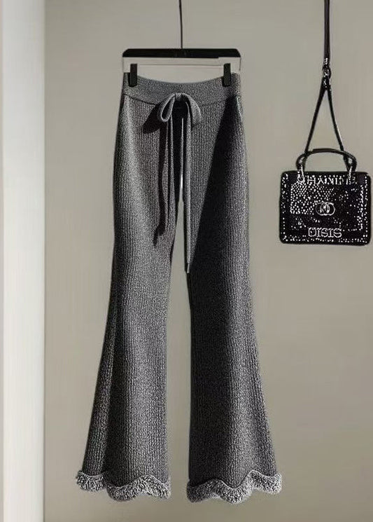 Grey Cozy Elastic Waist Knit Flared Trousers Fall