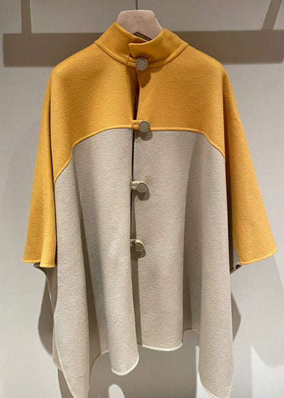 Yellow Stand Button Patchwork Woolen Cape Coats Fall