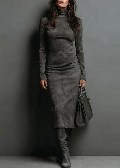 Khaki Hign Neck Slim Fit Faux Suede Dresses Spring