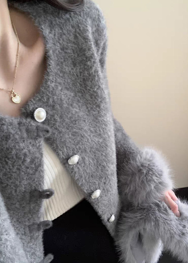 French Grey Patchwork Button Mink Hair Knitted Coats Fall