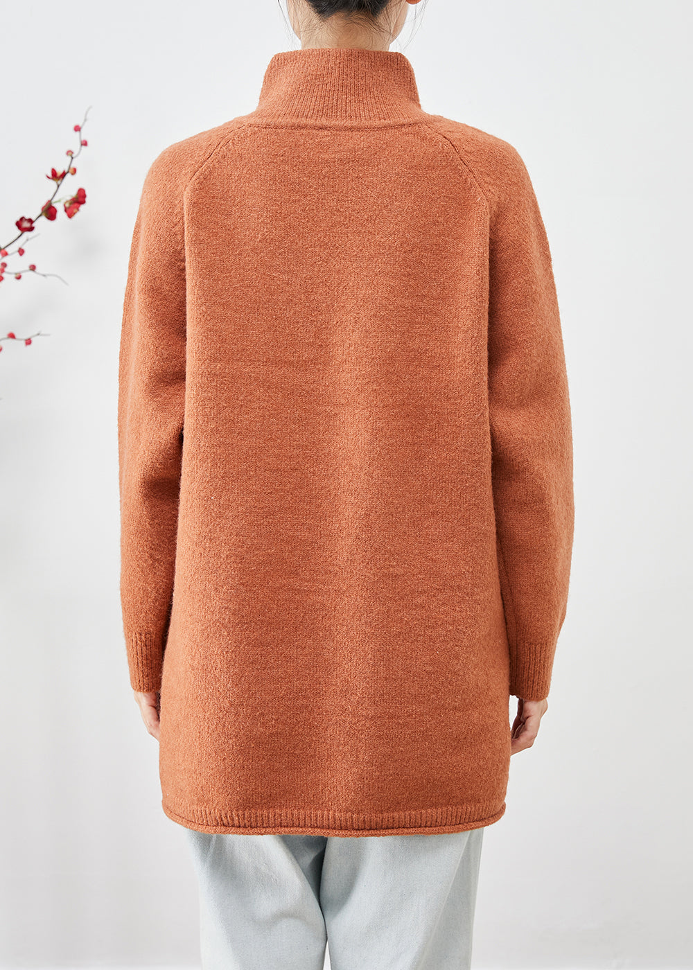 Orange High Neck Zip Up Thick Knit Sweater Tops Winter