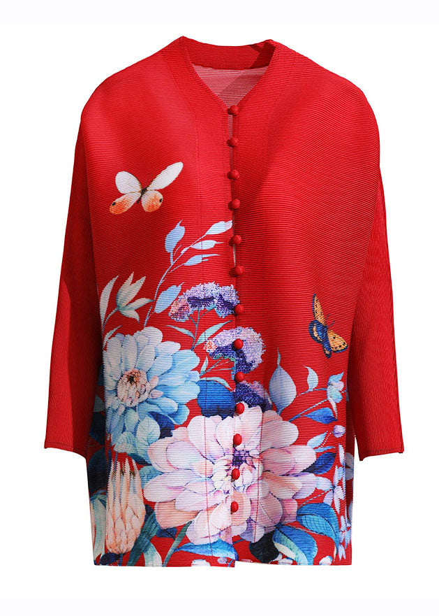 Red O-neck Print Button Tops Fall