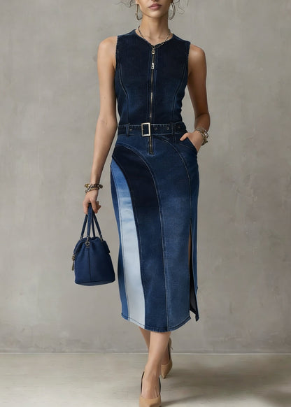 Blue Patchwork Sashes Side Open Vacation Denim Long Dresses