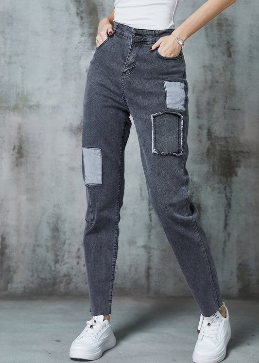 Grey Silm Fit Patchwork Applique Denim Pants Spring