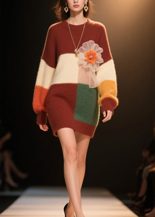 Colorblock O Neck Knit Dress Winter