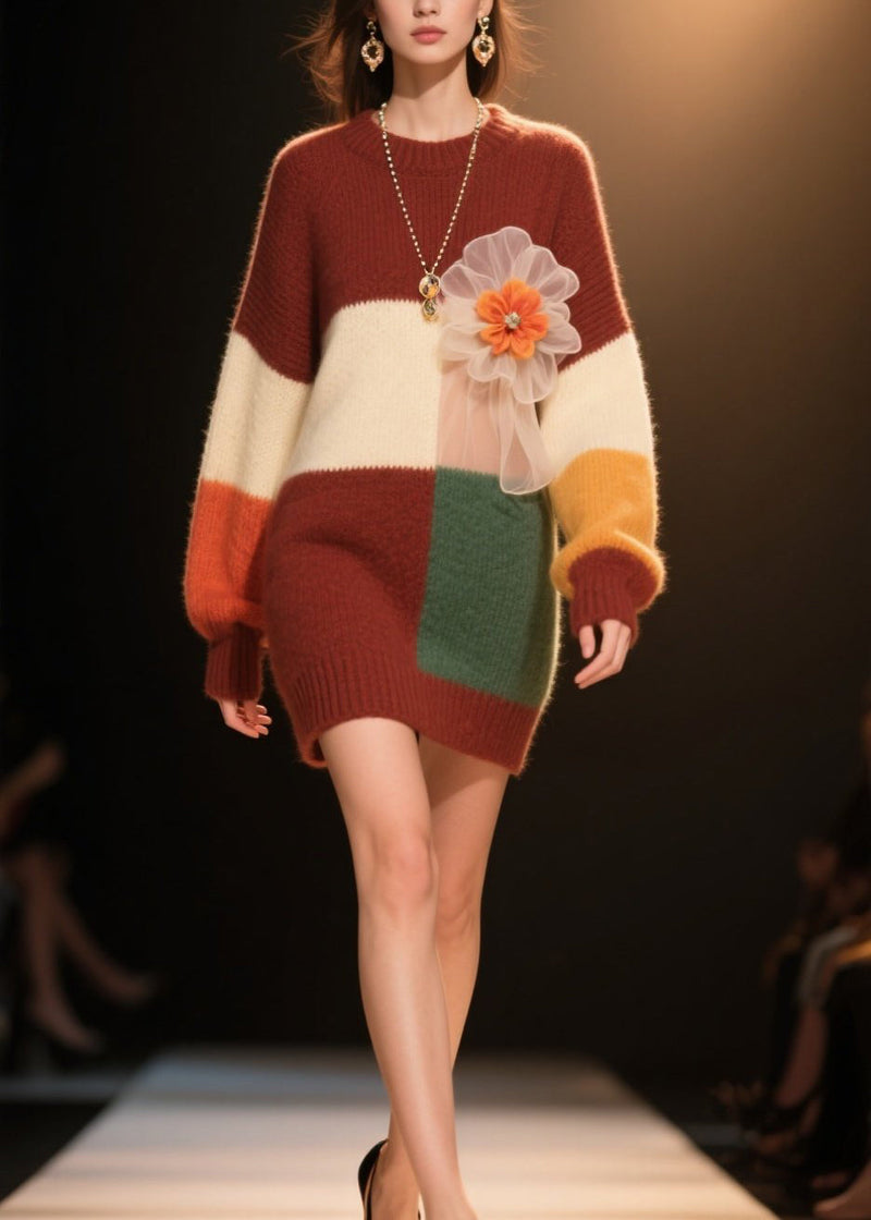 Colorblock O Neck Knit Dress Winter
