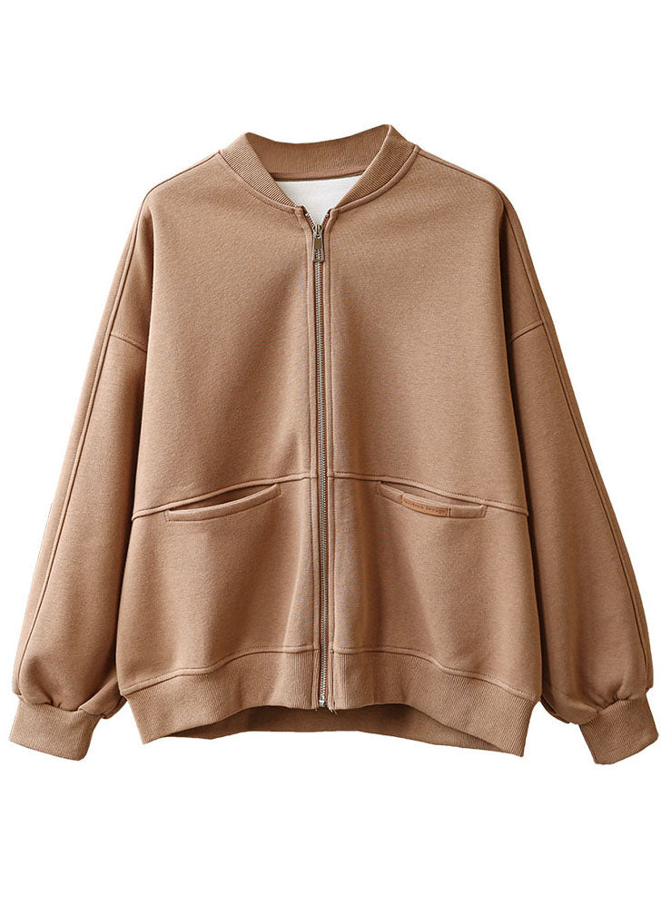 Khaki Zippered Pockets Fall Coats Long Sleeve