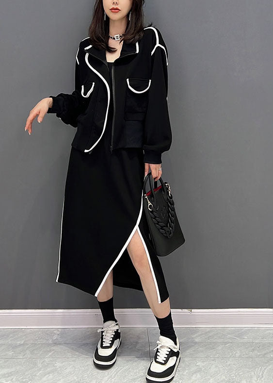 Classy Black Zip Up Side Open Cotton Two-piece Set Fall