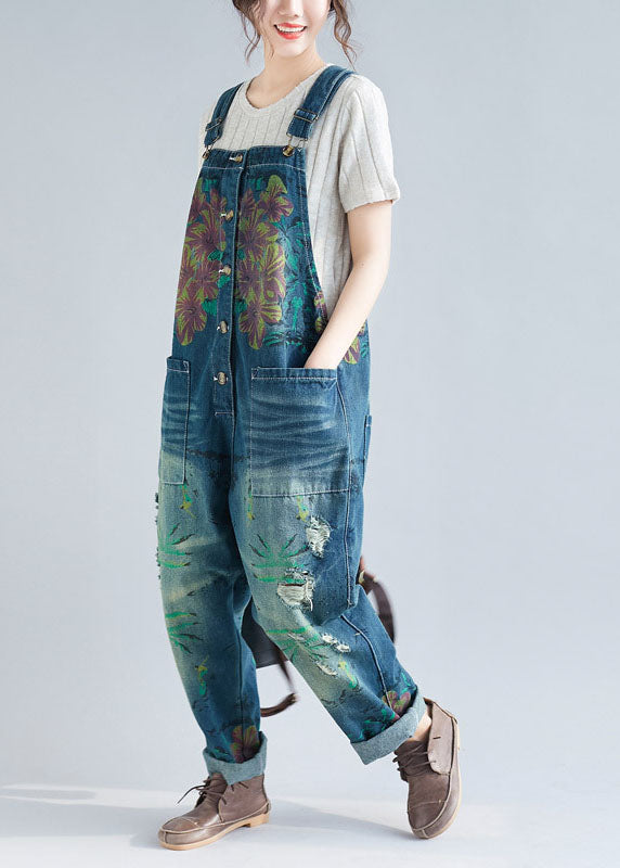 Blue Pockets Patchwork Print Denim Jumpsuit Spring