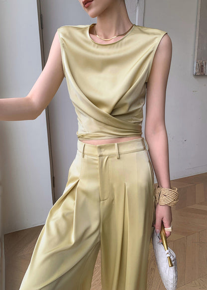French Yellow O-neck Silk Top and Wide Leg Pants Two Pieces Set Sleeveless
