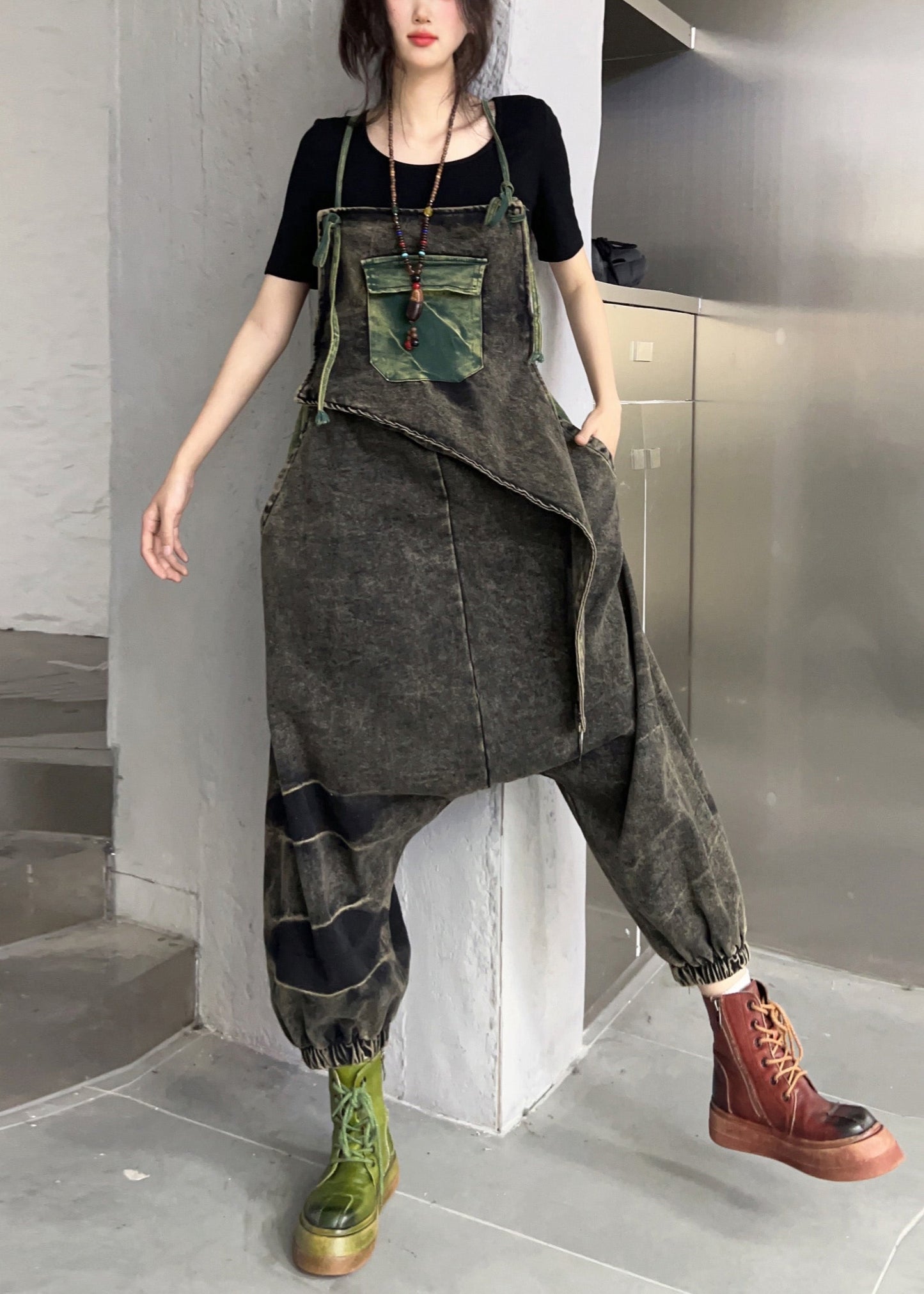 Black Pockets High Waist Patchwork Denim Jumpsuit Sleeveless