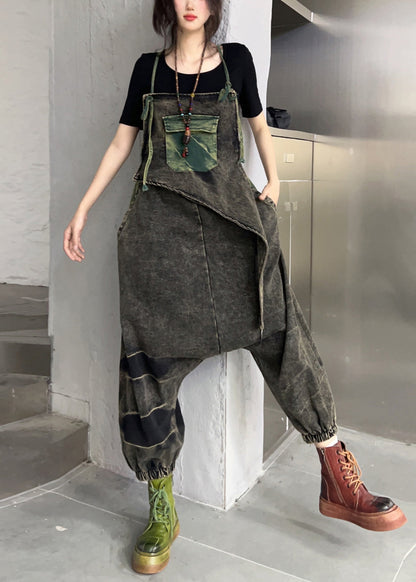 Black Pockets High Waist Patchwork Denim Jumpsuit Sleeveless