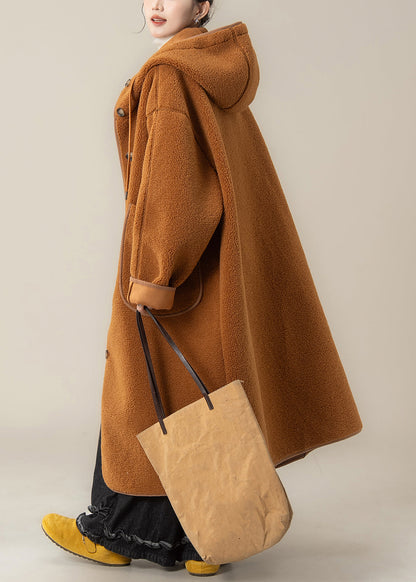 Orange Hooded Button Pockets Teddy Faux Fur Coats Winter