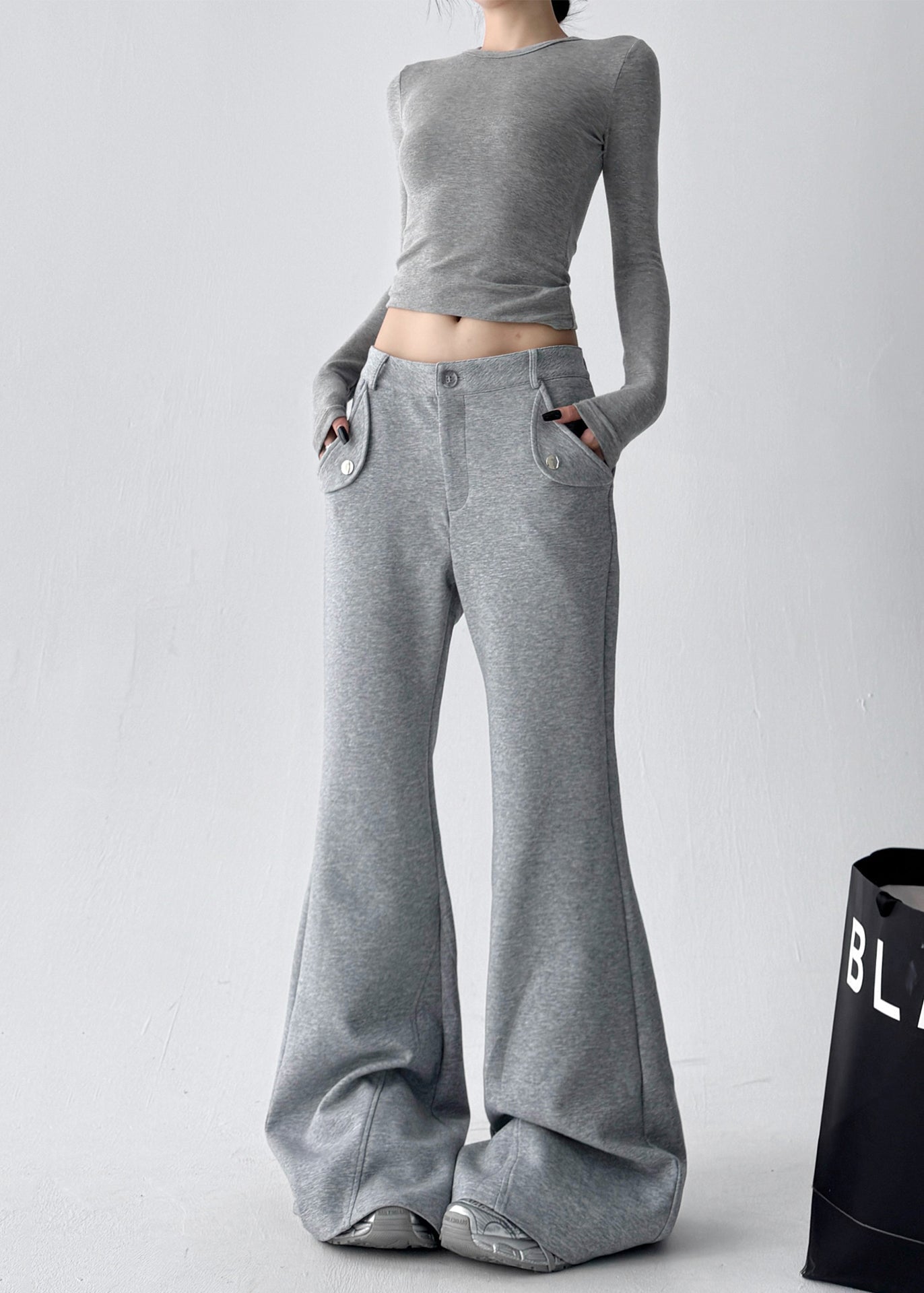 Grey Oversized Cotton Bell-bottom Trousers Fall