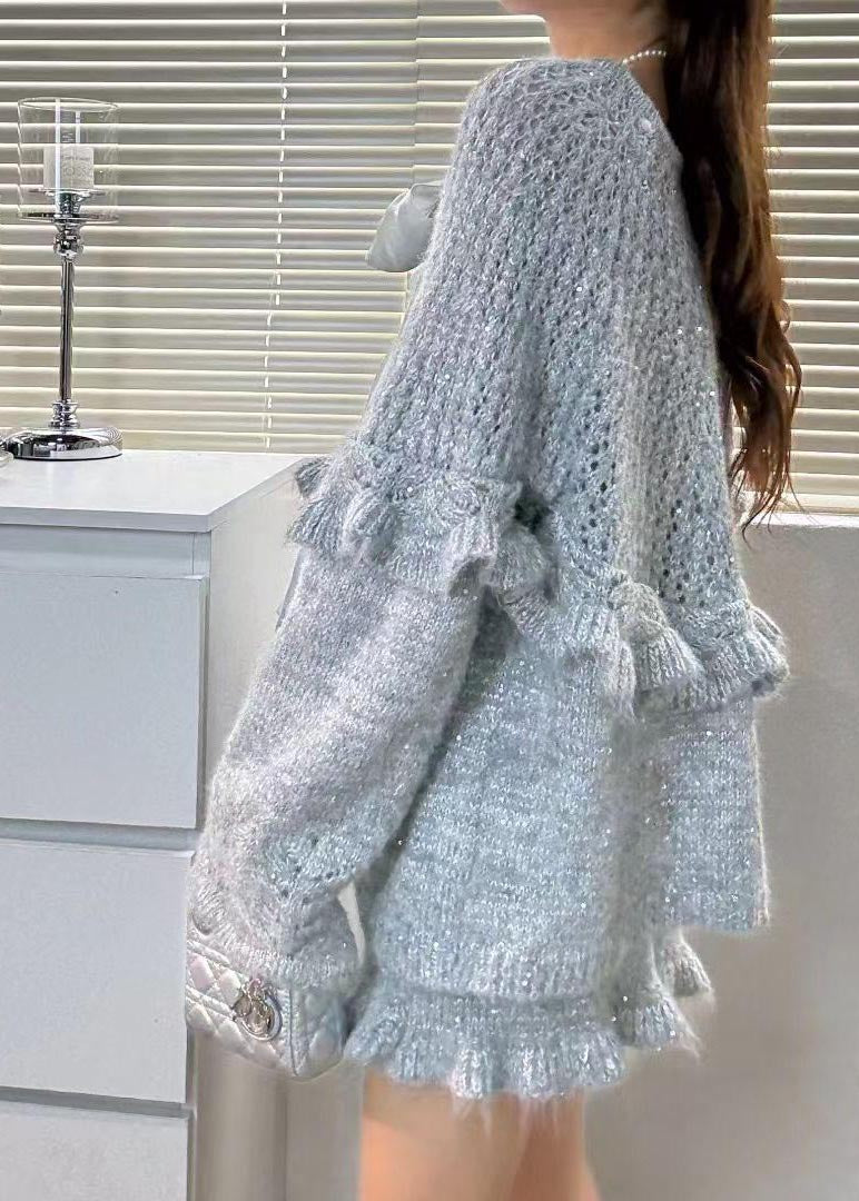 Sky Blue Ruffles Hollow Out Knit Two Piece Suit Set Fall