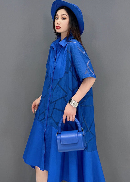 Blue Peter Pan Collar Patchwork Ruffles Low High Design Cotton Dress Short Sleeve
