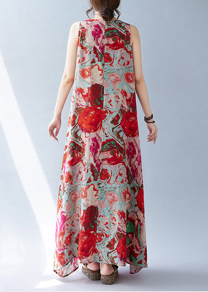 Red Oversized Print Cotton Holiday Dress Sleeveless