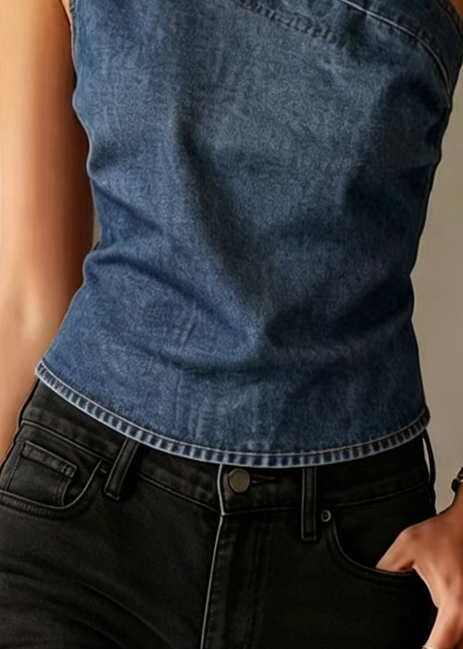 Blue One Shoulder Denim Tank Sleeveless