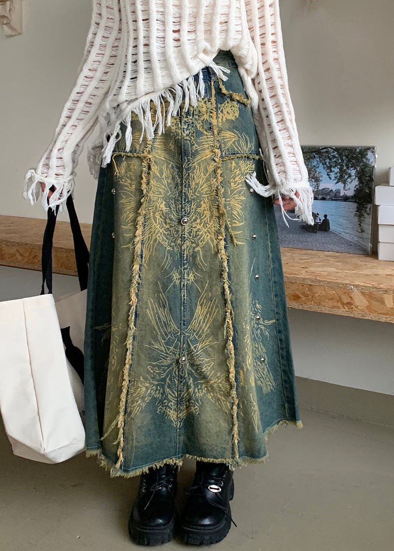 Modern Blue Print Pockets Denim a Line Skirt Spring