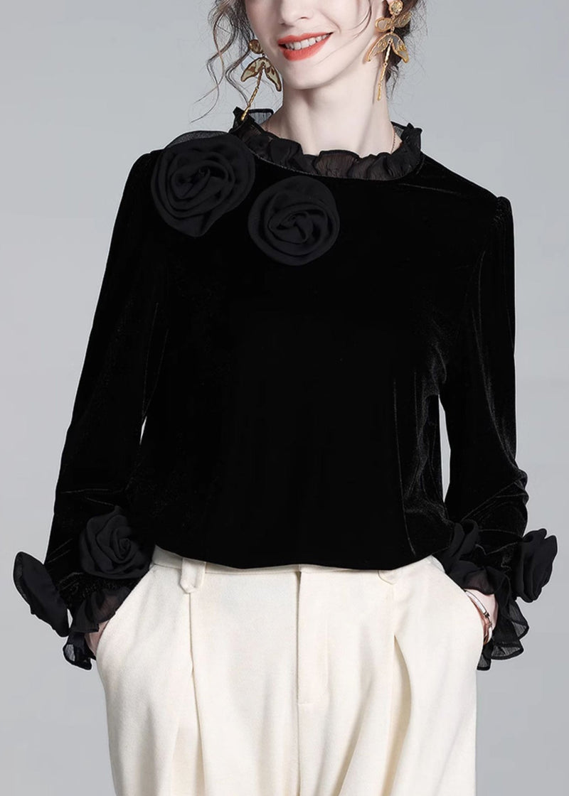 Black Ruffled Silk Velour T Shirt Winter